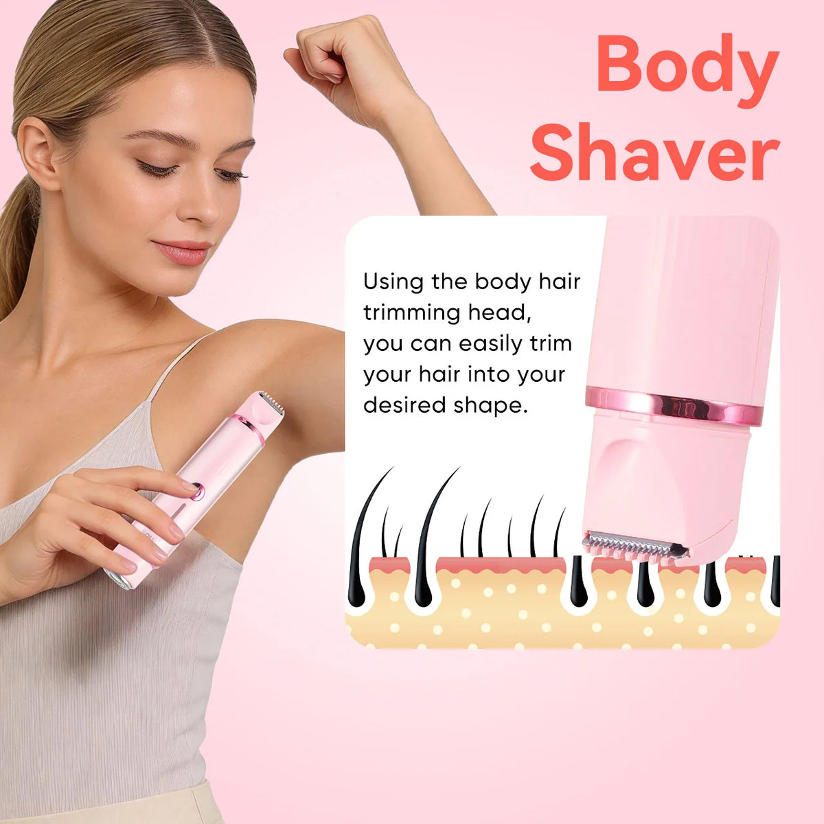 Eine Frau benutzt einen rosa Body-Rasierer, um Haar an ihrem Arm zu trimmen.
