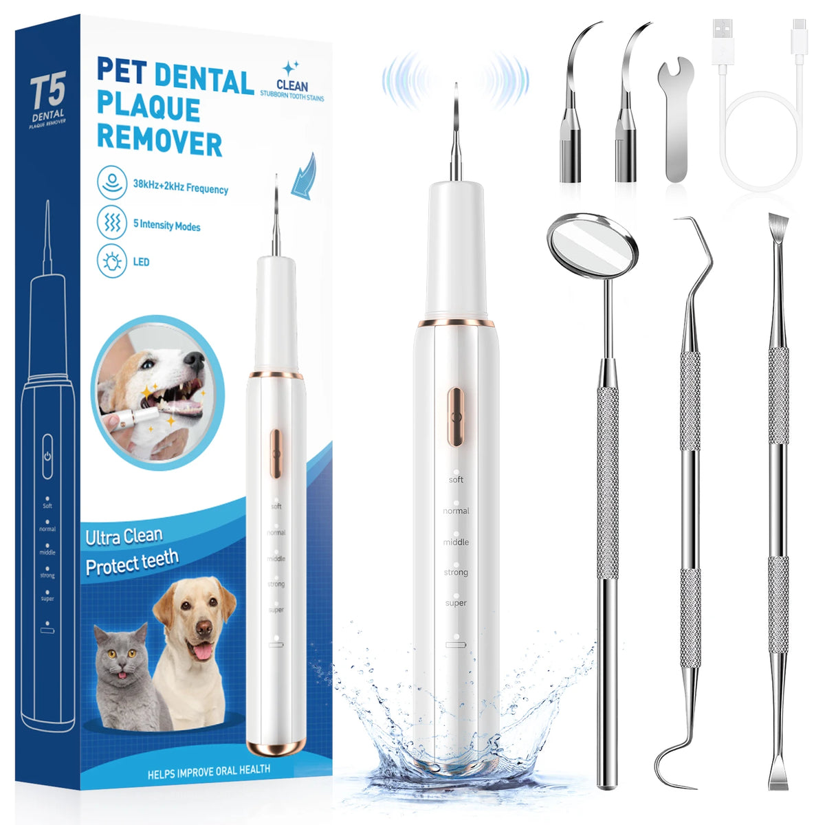 A white ultrasonic pet dental plaque remover device with various attachments shown next to a dog and cat.