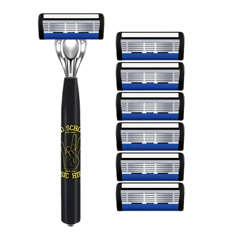 A stainless steel multi-blade safety razor with five stacked blades, featuring black and blue accents.