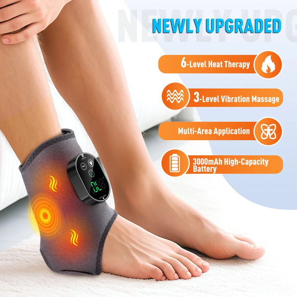 A person is using a black heated vibration foot ankle massager on their foot.