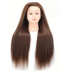 A professional cosmetology mannequin head with long, straight, dark brown hair.