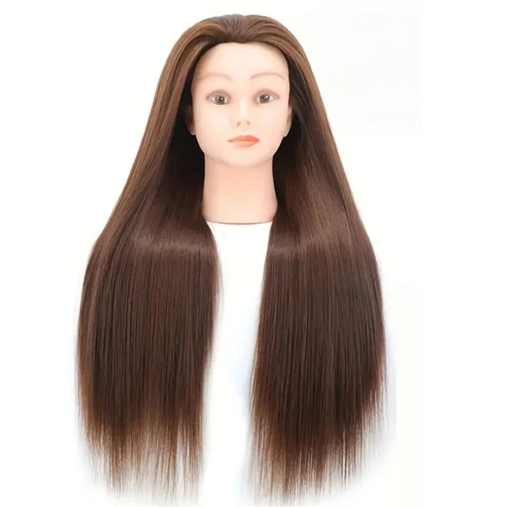 A professional cosmetology mannequin head with long, straight, dark brown hair.