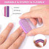 A hand holds a purple nail buffing block, showing its texture and durability against a background with sanding paper and spon