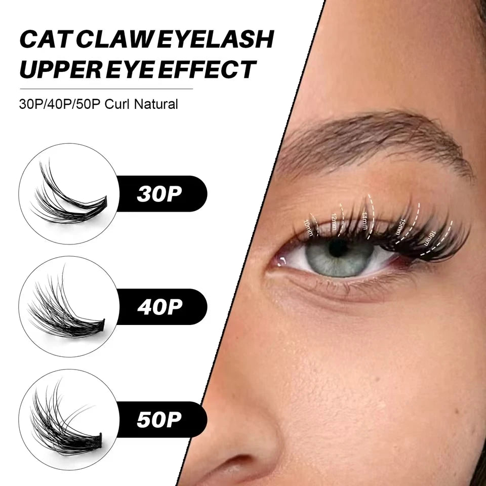 Close-up of an eye showing different lash effects: 30P, 40P, and 50P curl natural lashes.