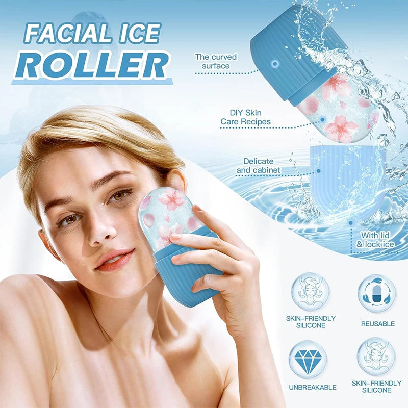 Une femme utilise un rouleau de glace en silicone bleu à motifs floraux pour prendre soin de sa peau.