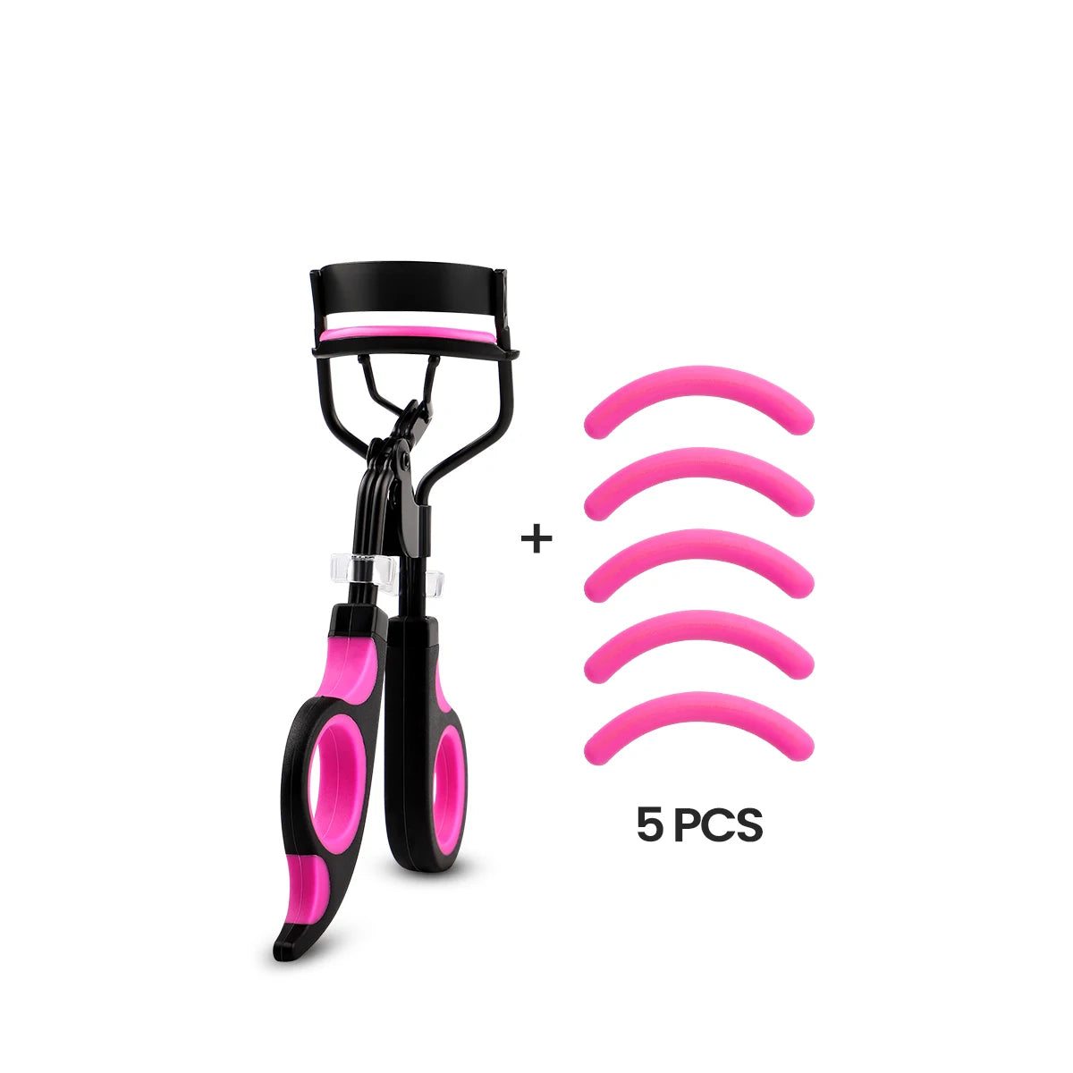 A black professional eyelash curler with five pink replacement pads.