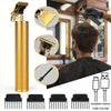 A set of professional electric hair clippers for men showing various blades and the main body in gold finish.