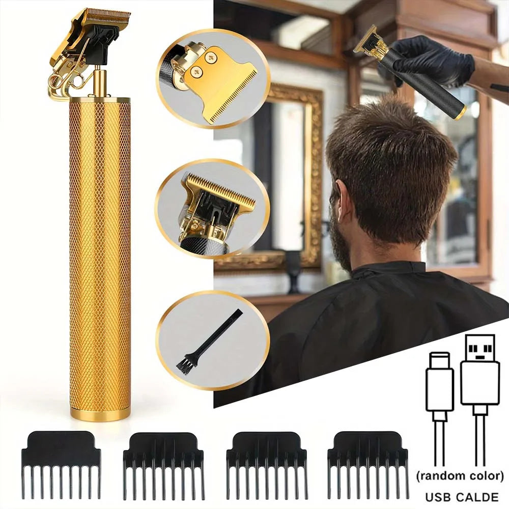 A set of professional electric hair clippers for men showing various blades and the main body in gold finish.