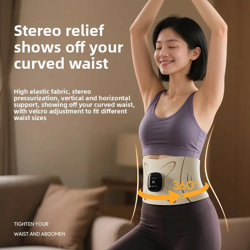 A woman demonstrates the EMS Waist Pulse Massager for body shaping, showing its use on a curved waist.