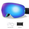 A pair of purple-blue sports goggles shown with an inside optical frame and a separate glasses bag.