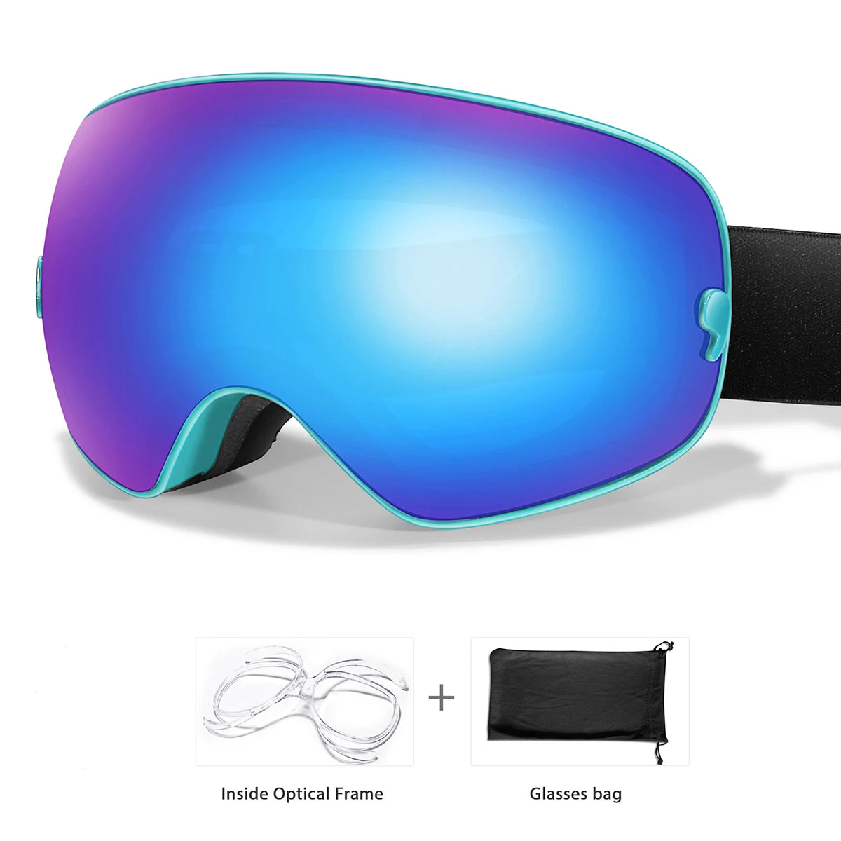A pair of purple-blue sports goggles shown with an inside optical frame and a separate glasses bag.