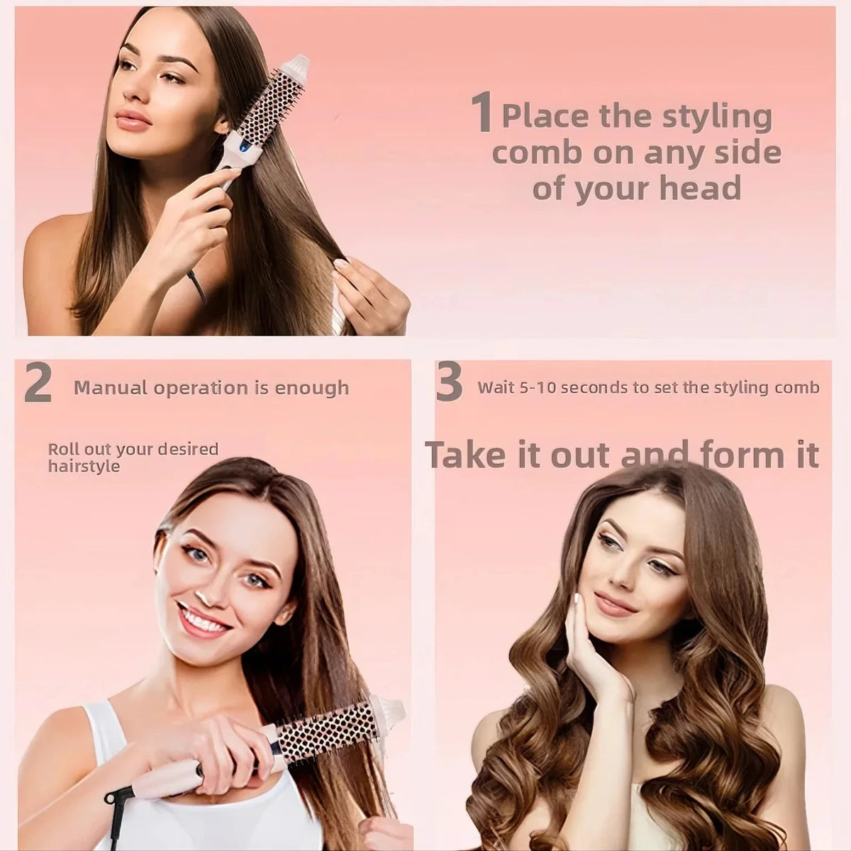 A woman uses a professional heated round hair brush to style her hair.