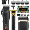 A black professional barber hair clipper set featuring a body clipper, guard attachments, and a grooming kit.