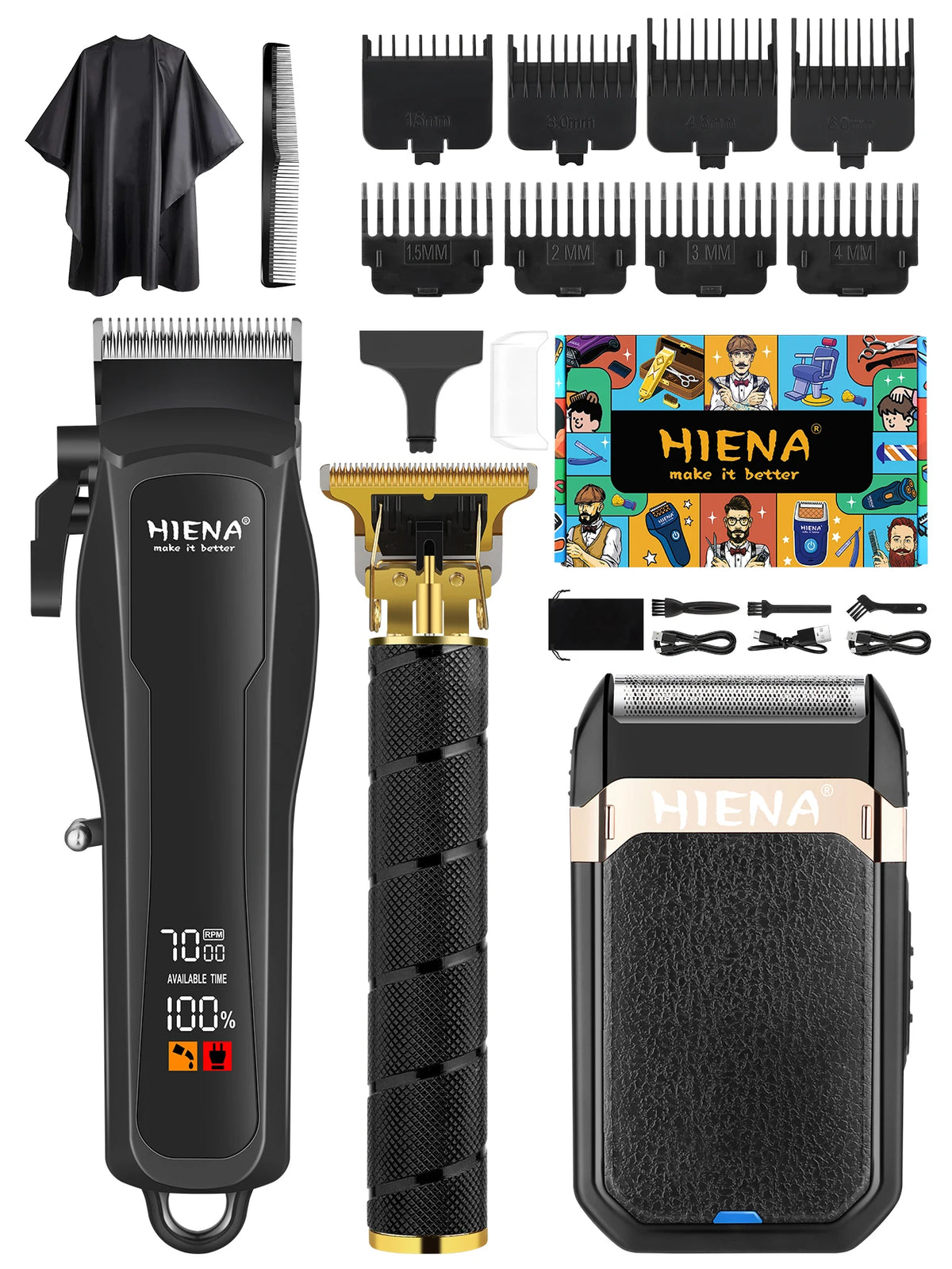 A black professional barber hair clipper set featuring a body clipper, guard attachments, and a grooming kit.