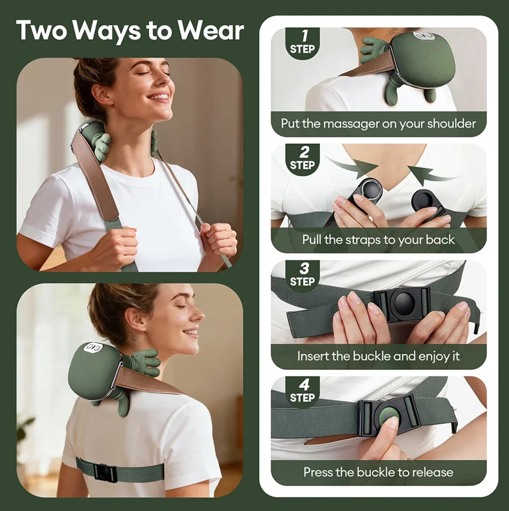Instructions showing two ways to wear an electric neck and shoulder massager on the shoulder or back