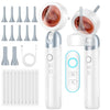 A white portable HD ear camera device with a lens and multiple inspection tips is shown alongside a heating pad.