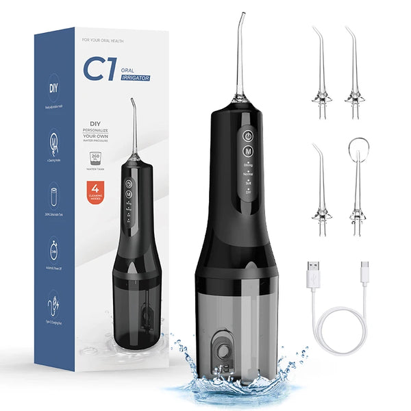 Schwarzes tragbares elektrisches Zahnseide- und Mundspülgerät mit klarem Wasserrohr neben der Verpackung.