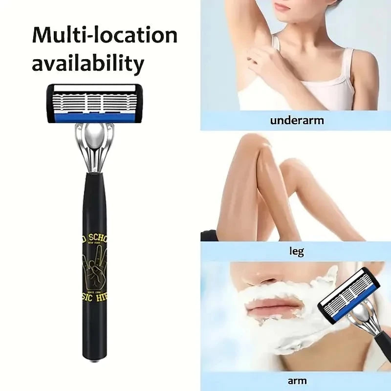 A multi-location shaving device with an underarm, leg, and arm attachment shown next to a woman's arm.