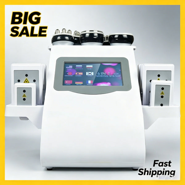 A white cosmetic device for skin tightening is shown with multiple treatment heads and a digital display.