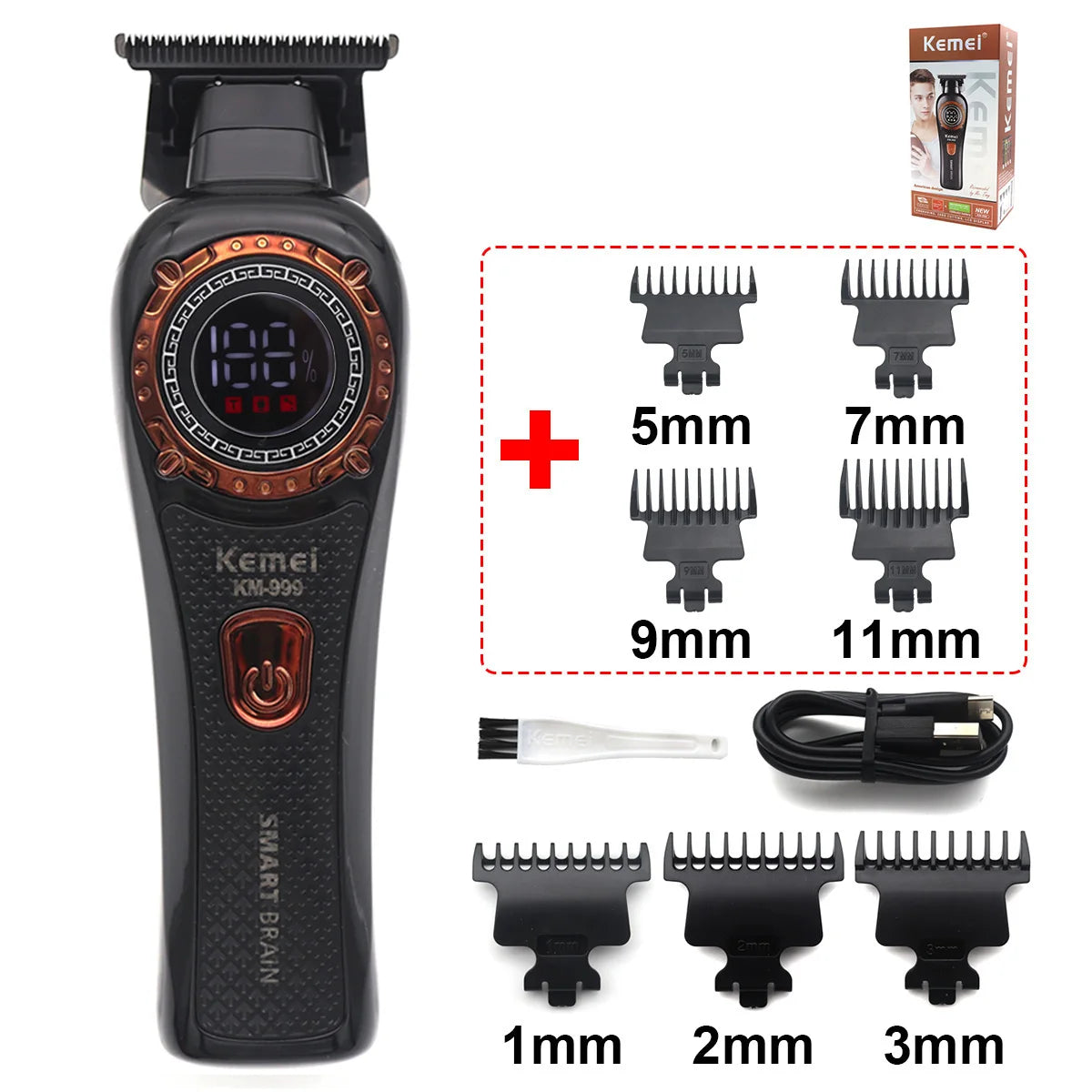 A black professional cordless hair trimmer with an LED display and various sized cutting combs.