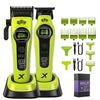 A professional green and black rotary hair clipper trimmer with multiple attachments shown on a white background.