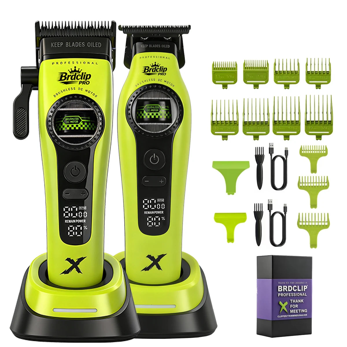 A professional green and black rotary hair clipper trimmer with multiple attachments shown on a white background.