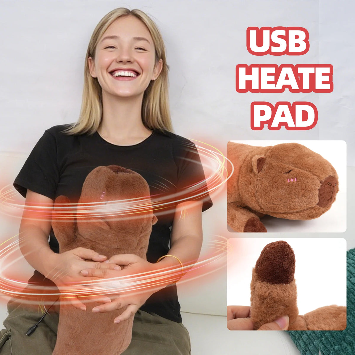 A young woman holds a brown plush toy heating pad, demonstrating the USB heat pad for muscle relief.