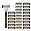 A set of twelve black and orange safety razor blades arranged in a grid, with the metal handle visible.