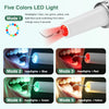 Five colors LED light modes for an ultrasonic electric tooth cleaner showing different colored light beams.