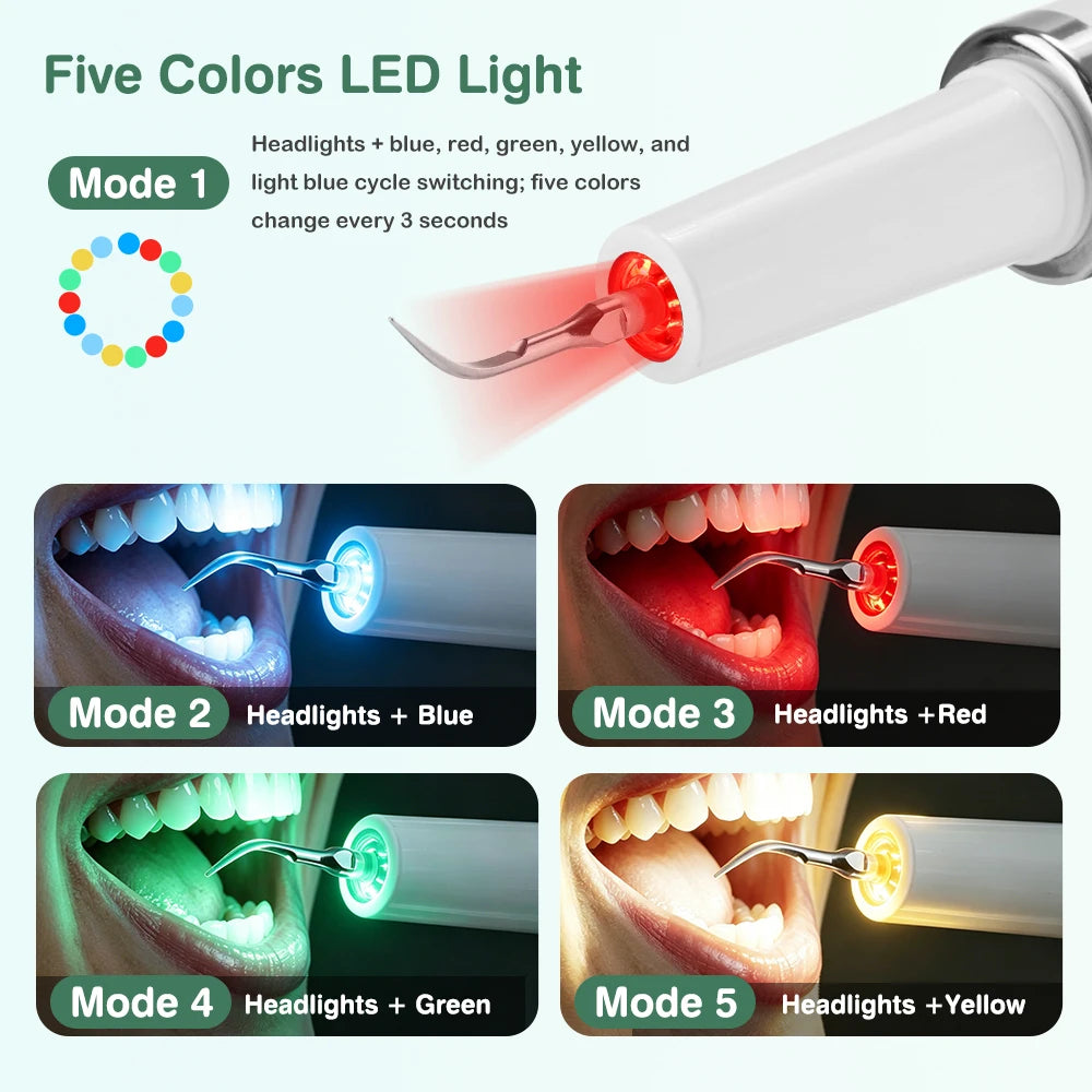 Five colors LED light modes for an ultrasonic electric tooth cleaner showing different colored light beams.