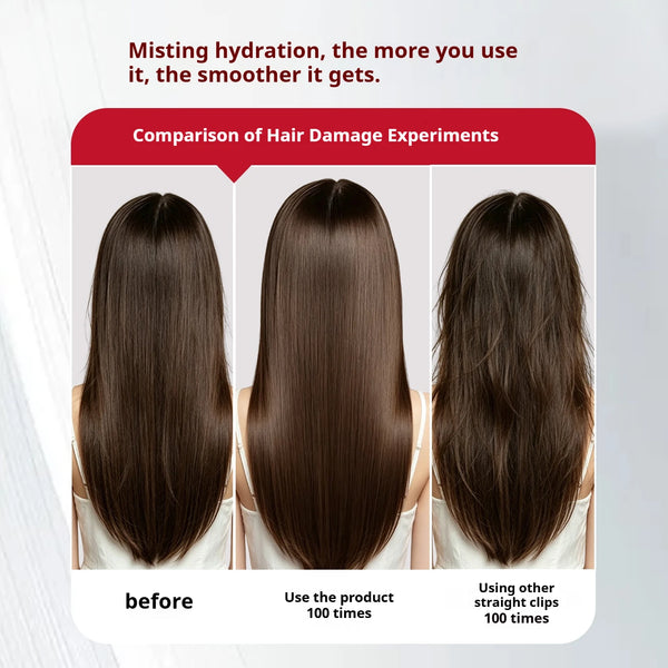 Comparación de daños en el cabello: antes, después de usar el producto 100 veces y con otros clips lisos