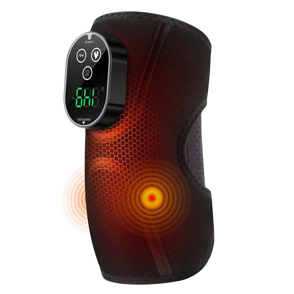 A black electric heated massage elbow brace with a digital display showing 60.0 and an orange heat pattern on the surface.