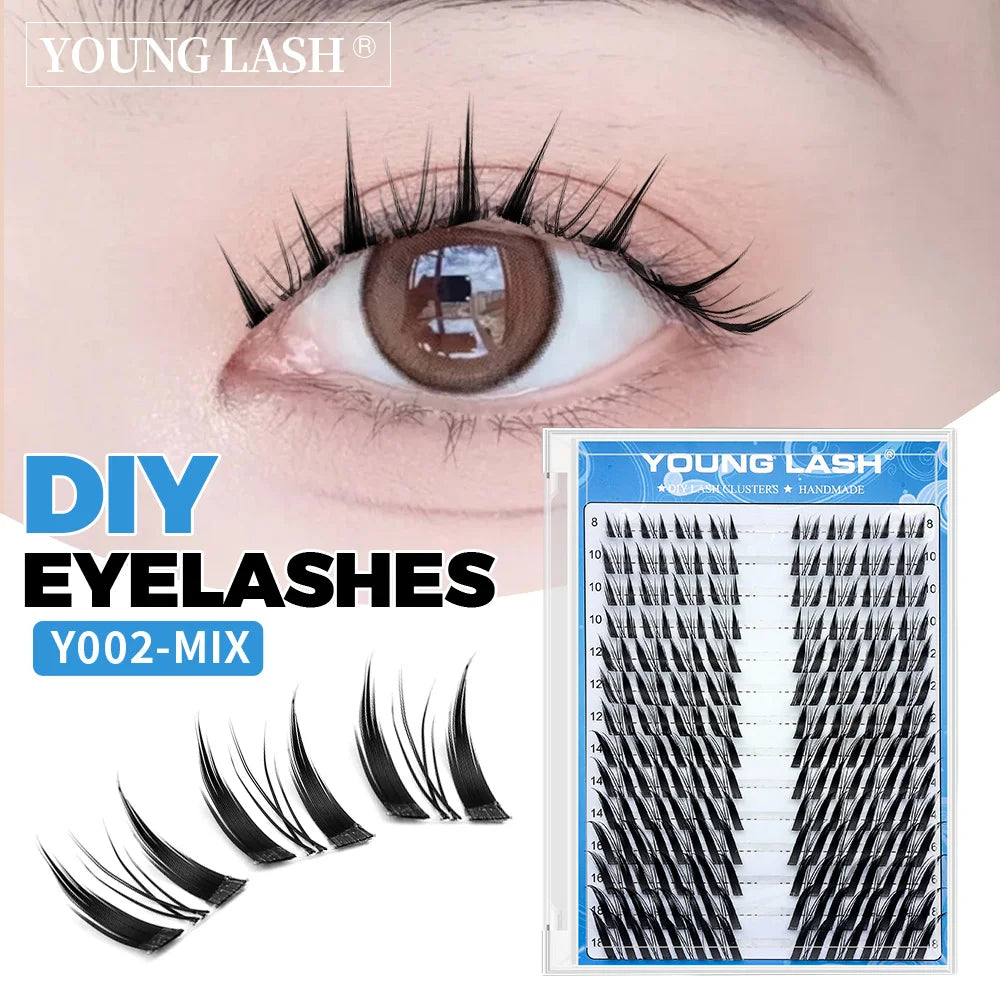 A box of Young Lash DIY cluster eyelash extensions showing various lash styles and an eye with applied lashes.