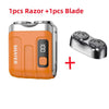 An orange electric shaver body with a blade included, shown next to the separate blade.