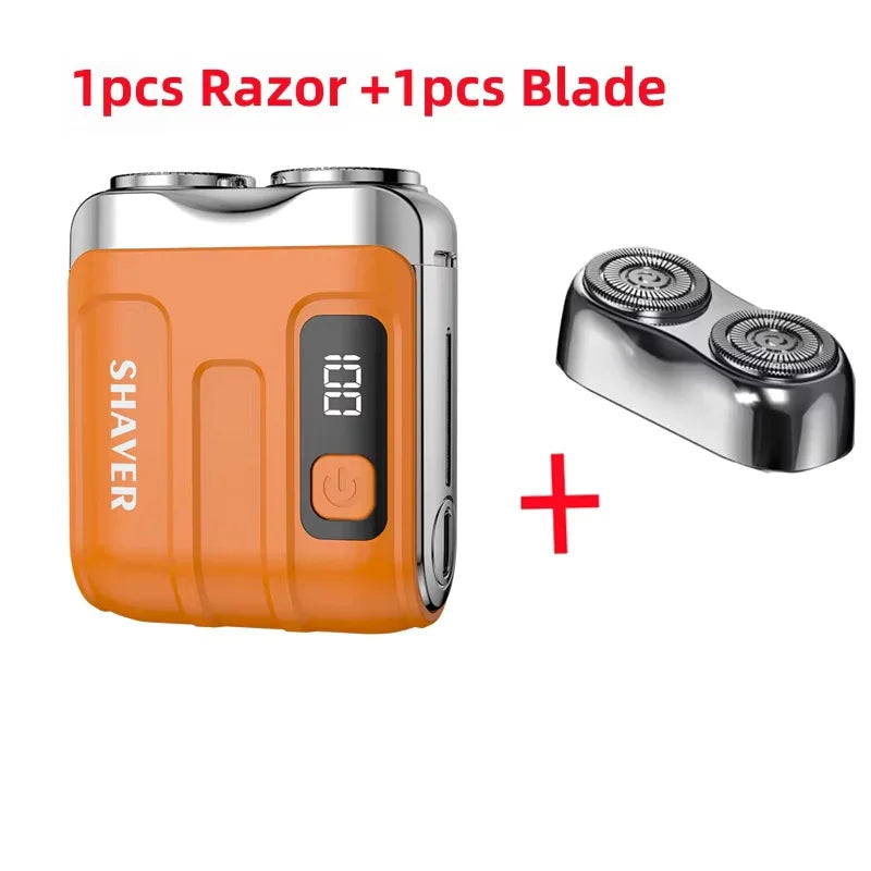 An orange electric shaver body with a blade included, shown next to the separate blade.