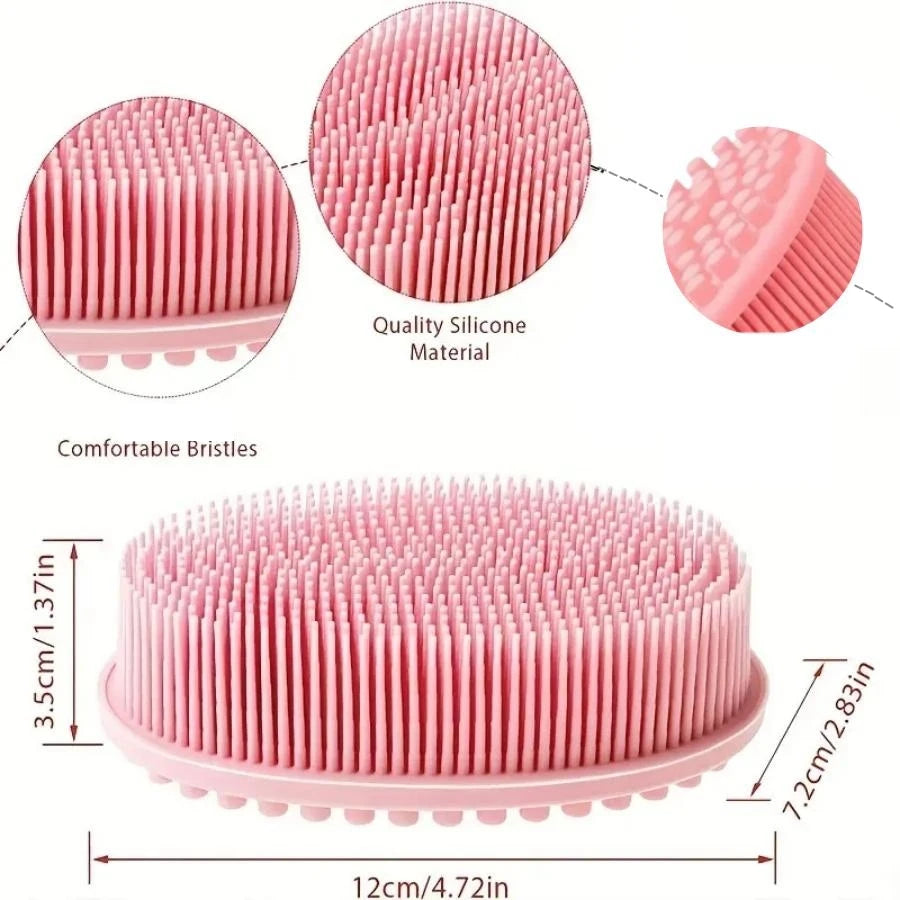 Brosse nettoyante pour douche en silicone rose à double face, montrant les poils et les dimensions