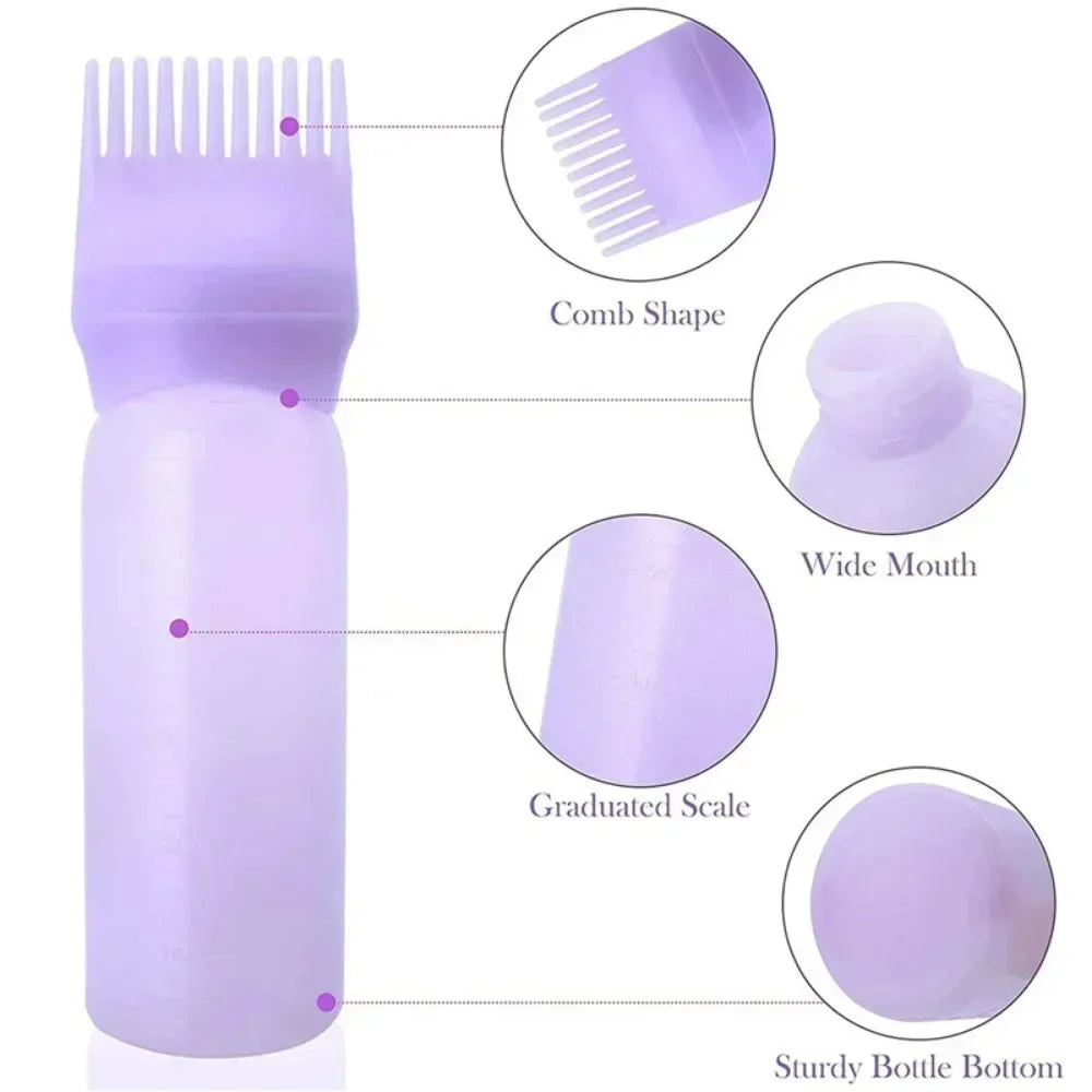 Applicateur de teinture capillaire en silicone violet avec forme de peigne, large ouverture, échelle graduée et fond de boute