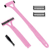 Afeitadora manual plegable para hombre rosa con múltiples cuchillas y cubierta protectora.