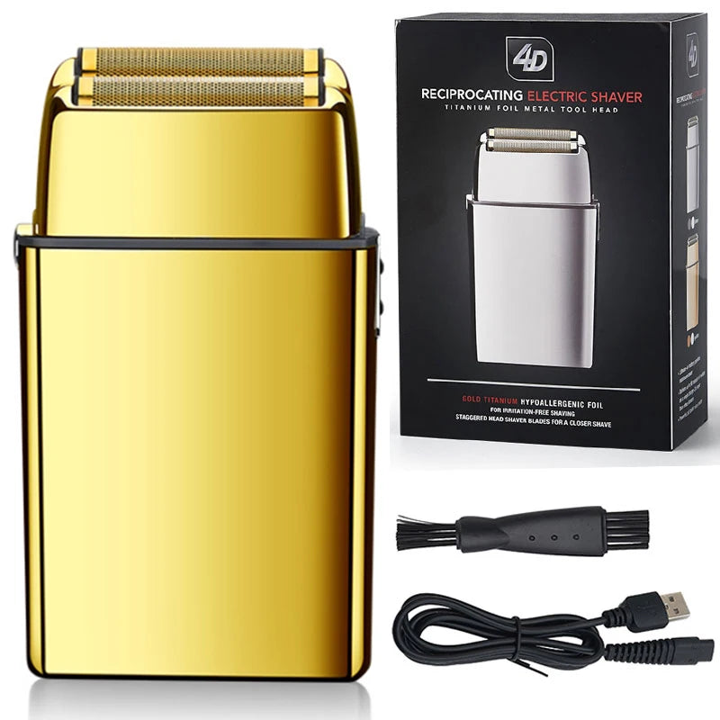 A gold and black professional rechargeable electric shaver with a titanium foil head and charging cord.