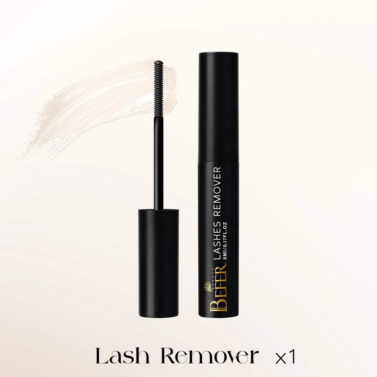 A black tube of BEFER Lashes Remover with a wand shown next to it.