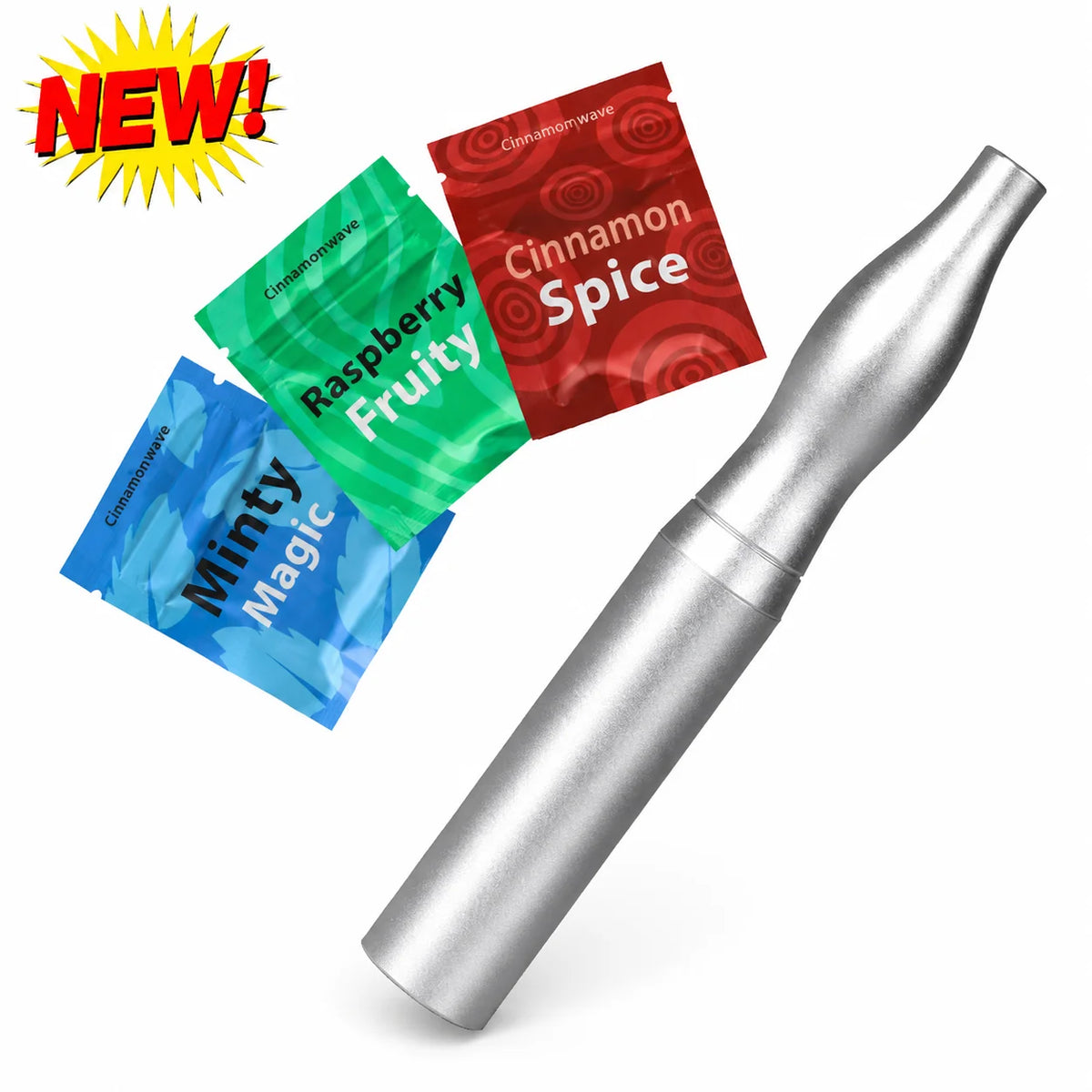 A silver natural wooden stop smoking stick diffuser with three spice flavors: cinnamon, raspberry, and minty magic.
