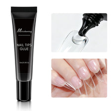 A tube of Misscheering Nail Tips Glue with a black applicator and close-up of glue being applied to a press-on nail.