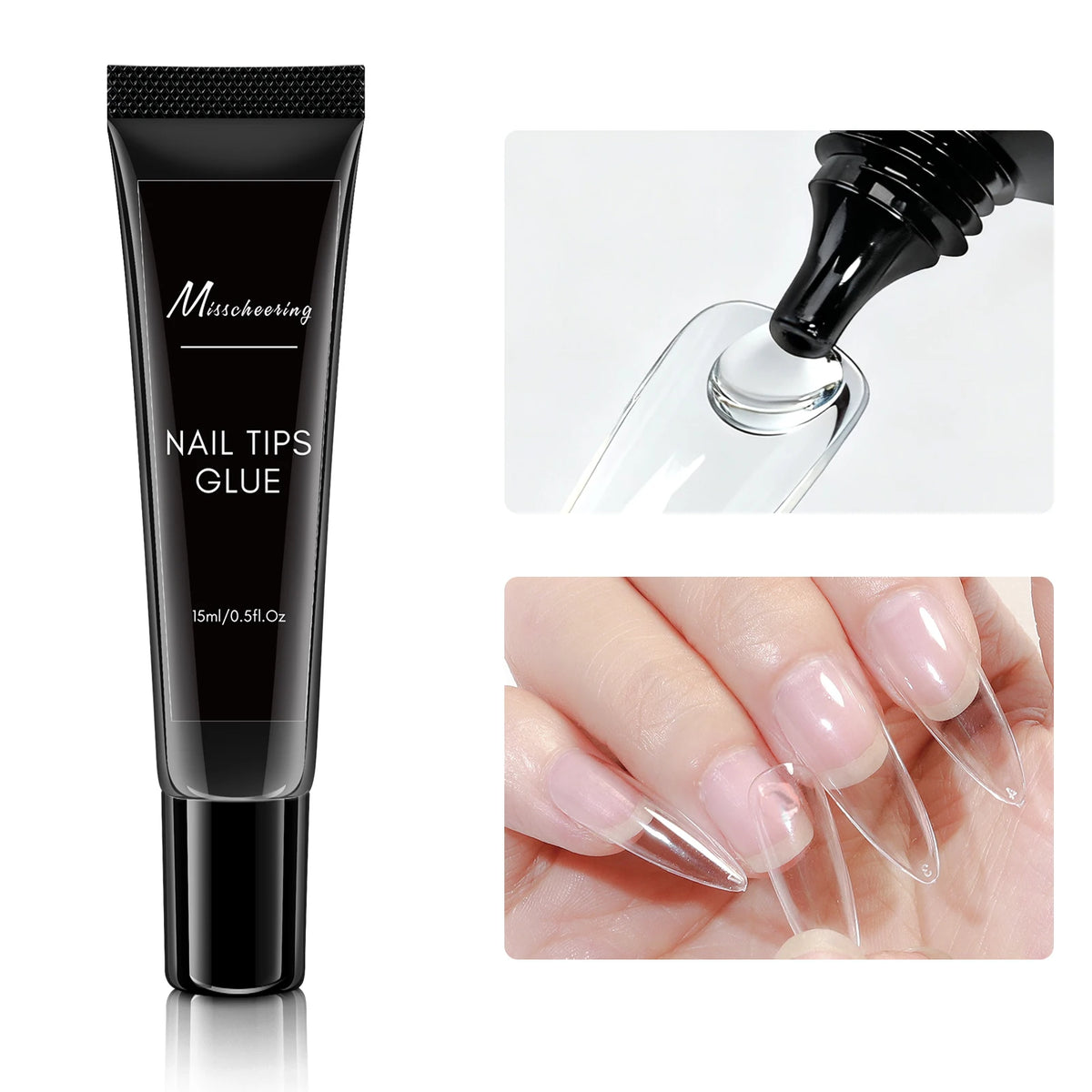A tube of Misscheering Nail Tips Glue with a black applicator and close-up of glue being applied to a press-on nail.