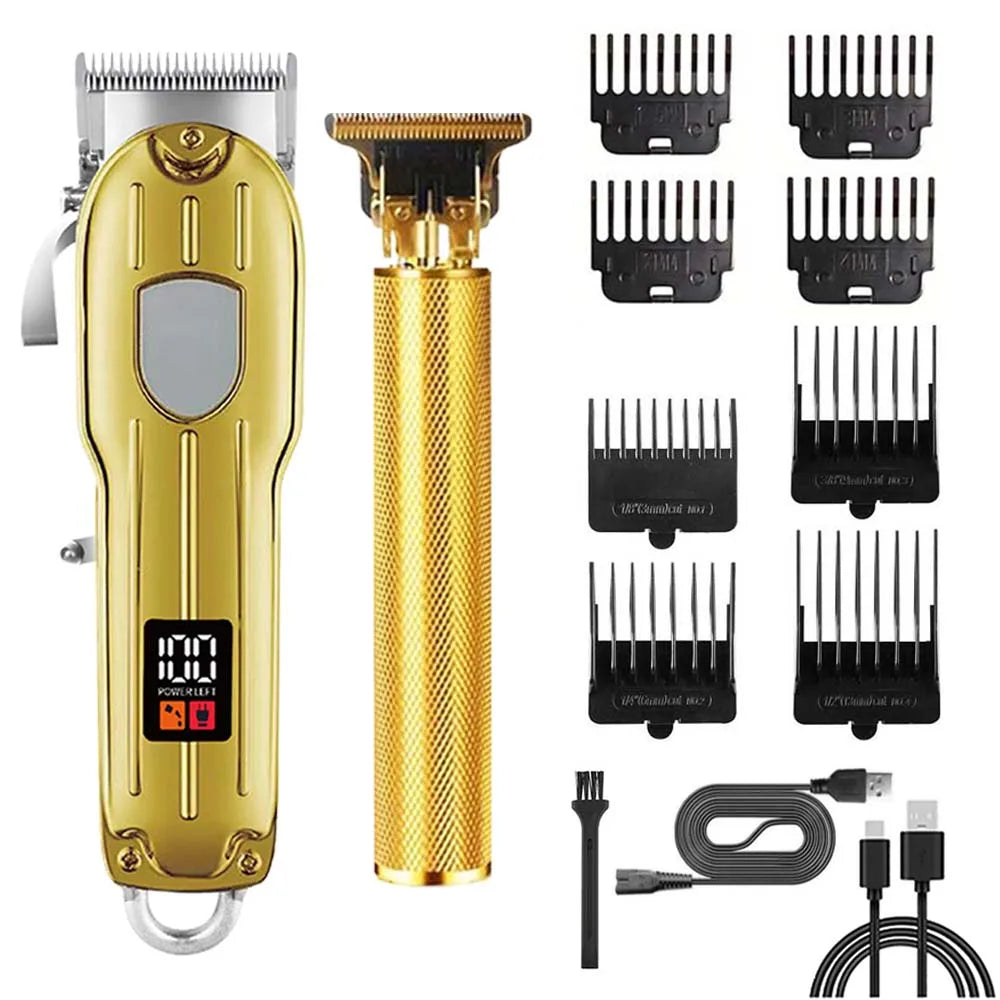 A set of professional electric hair clippers and attachments for men, including various guard sizes and power cords.