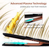 A black hair straightening iron with a copper finish is shown, demonstrating advanced plasma technology for moisture protecti