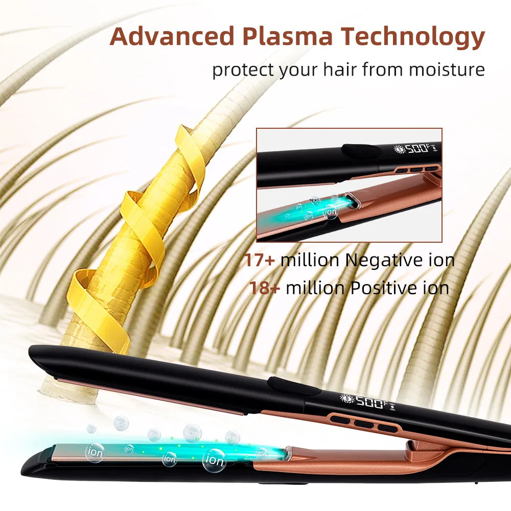 A black hair straightening iron with a copper finish is shown, demonstrating advanced plasma technology for moisture protecti