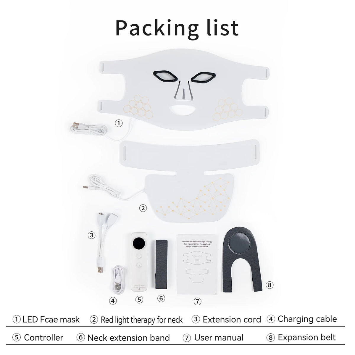 Packing list showing components of a professional red light therapy mask including the mask, cord, extension cord, charging c