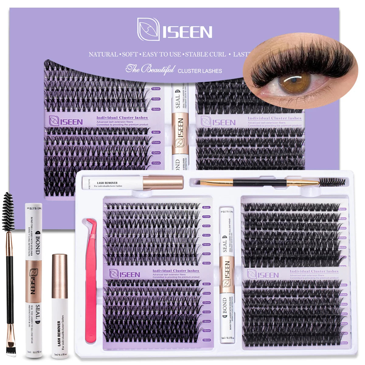 A kit of individual cluster lashes with bond and seal tweezers shown next to a model's eye.