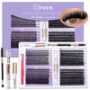 A kit of individual cluster lashes with bond and seal tweezers shown next to a model's eye.