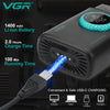 A black electric foil shaver trimmer with a USB charging cable and battery specifications shown.